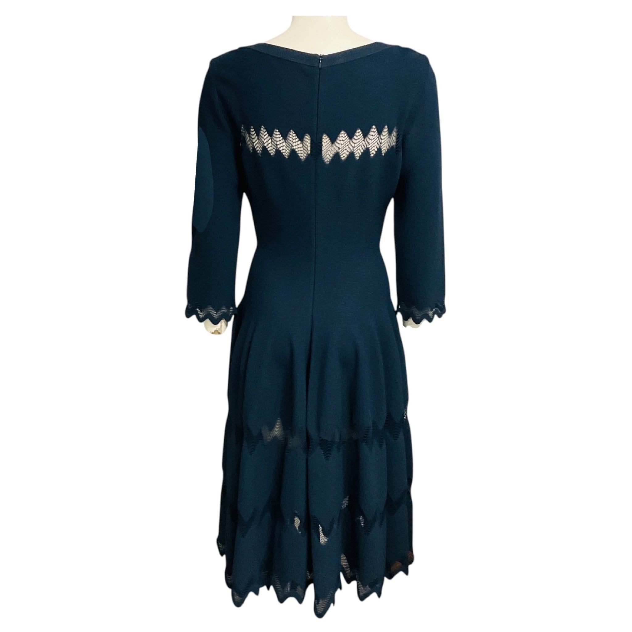 Alaia Slate Blue Zig Zag Mesh Detailed Viscose Knit Midi Dress