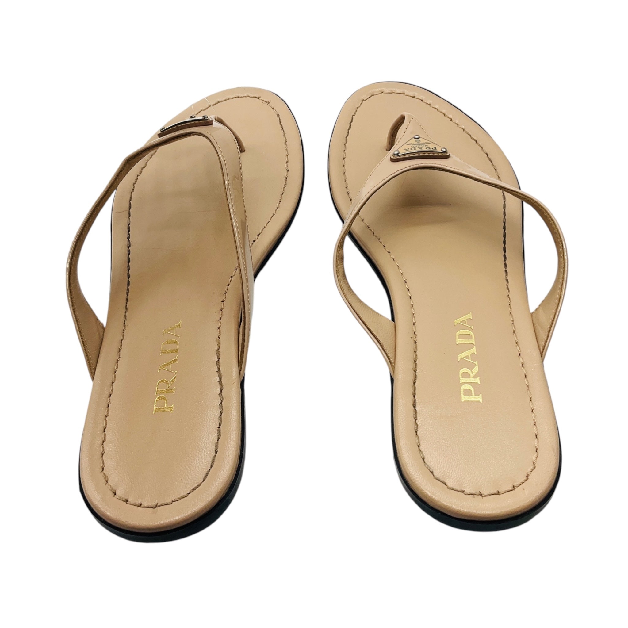 Prada Beige / Silver Logo Plaque Patent Leather Thong Sandals