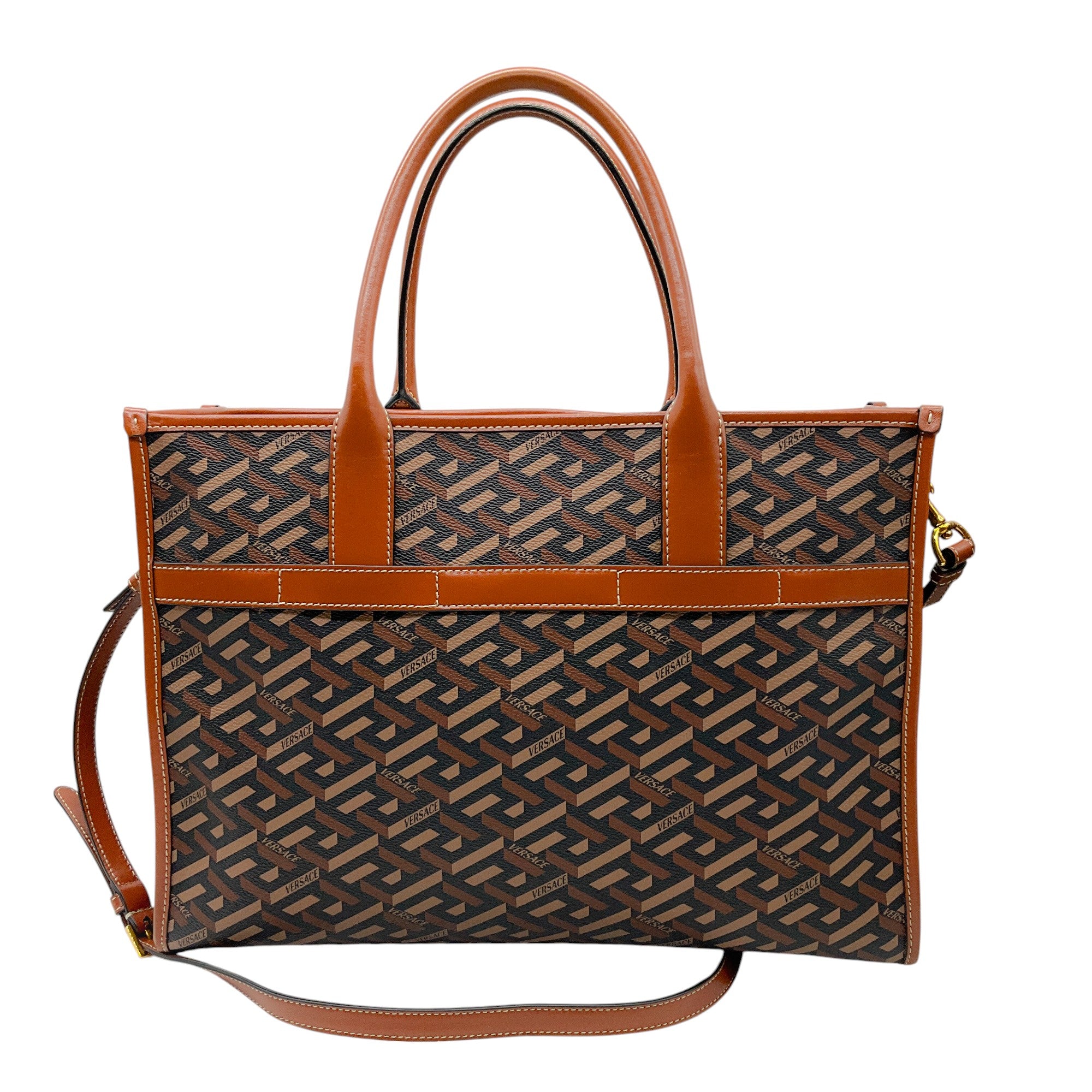 Versace Black / Brown La Greca Signature Monogram Canvas & Leather Tote Bag