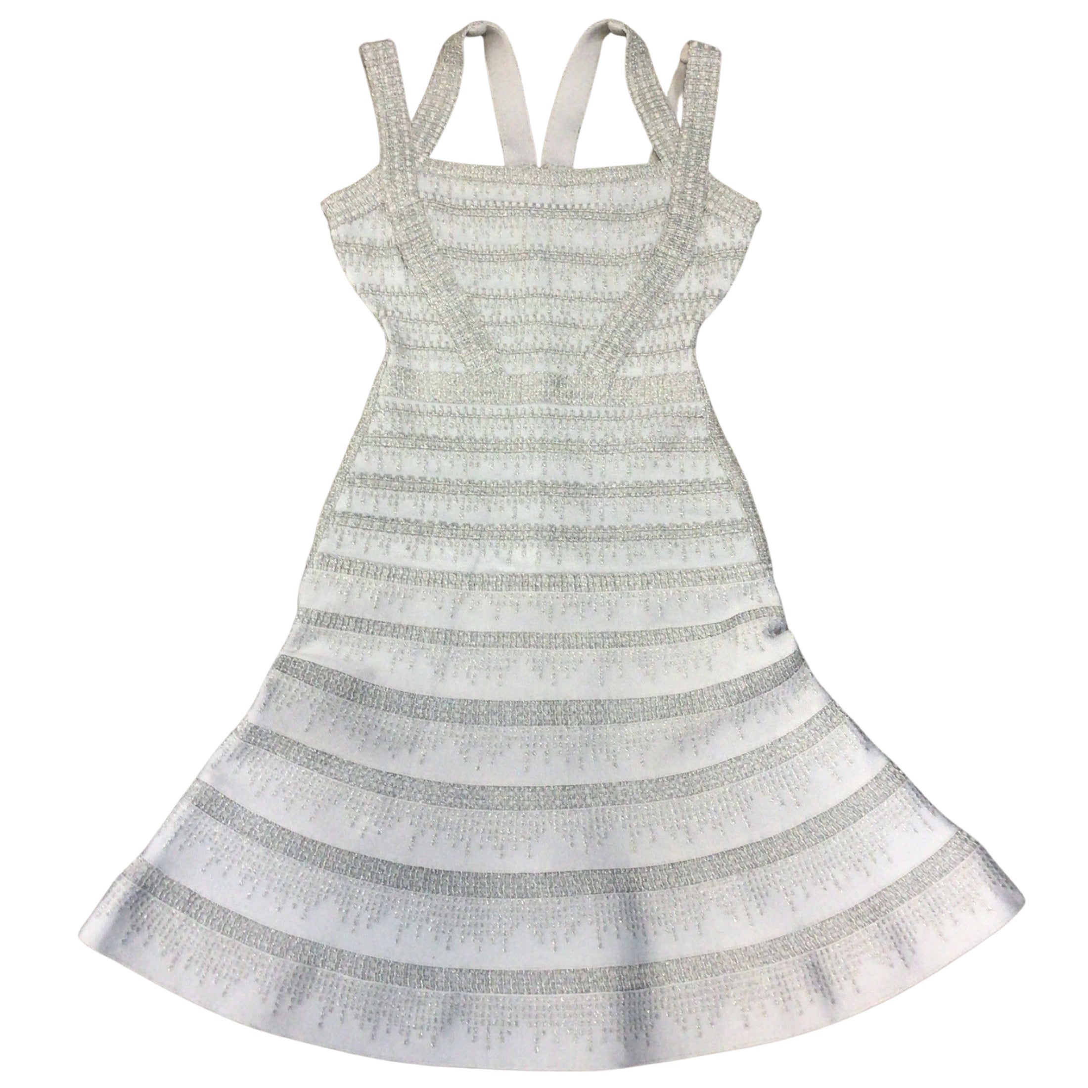 Herve Leger Carole Light Blue Metallic Fitted and Flared Dress