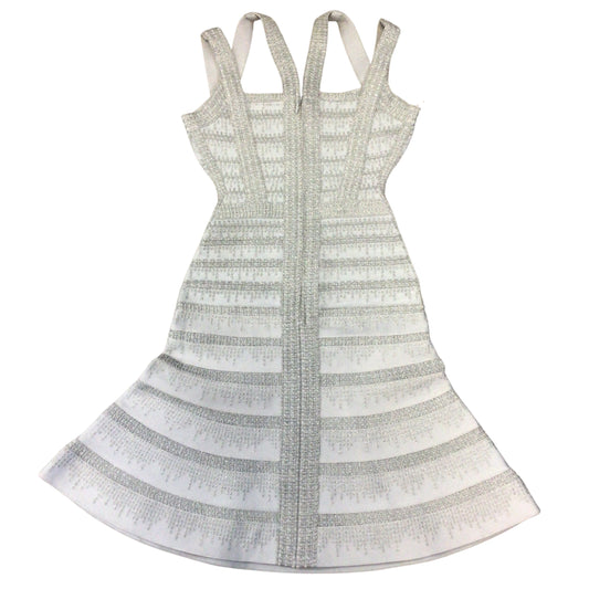 Herve Leger Carole Light Blue Metallic Fitted and Flared Dress