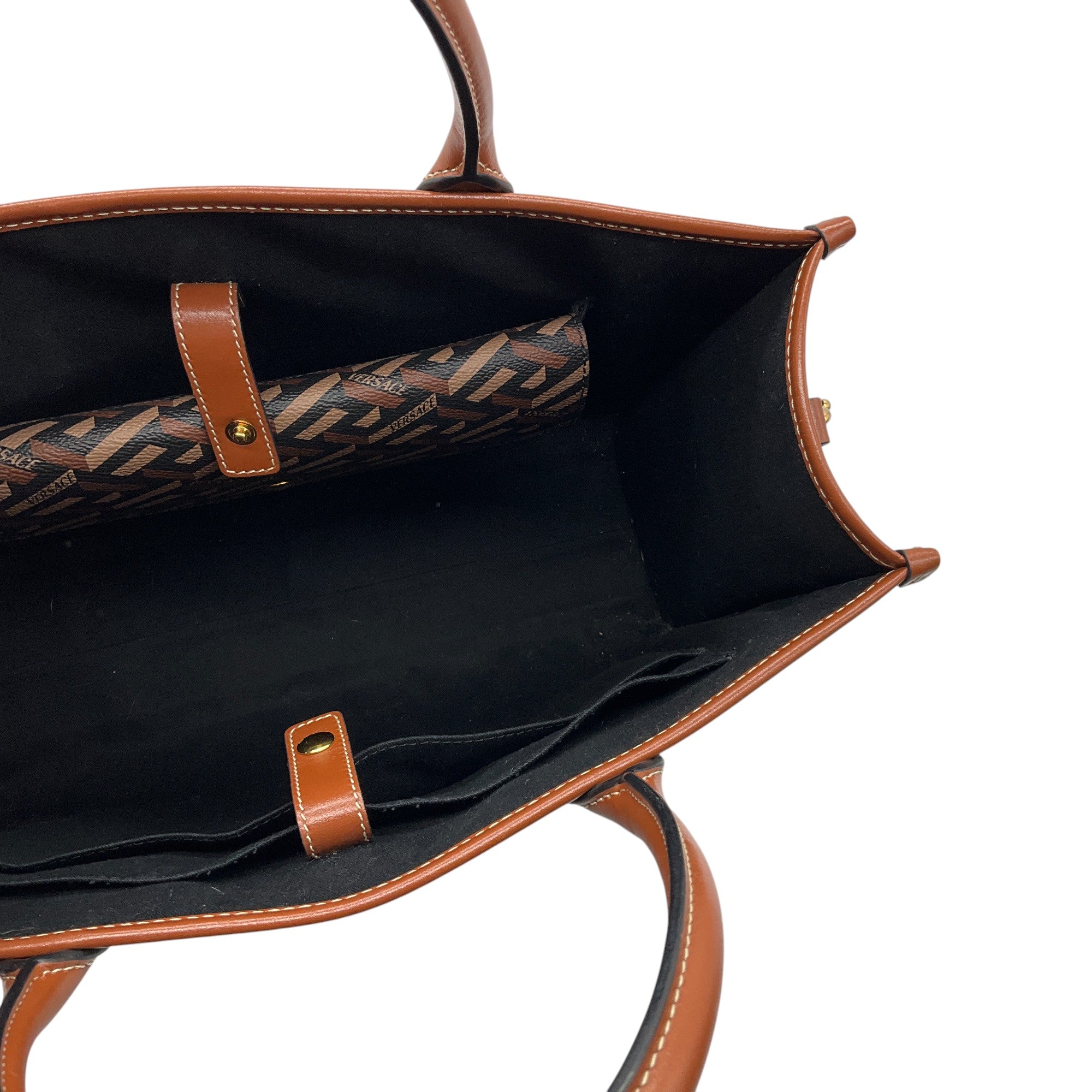 Versace Black / Brown La Greca Signature Monogram Canvas & Leather Tote Bag