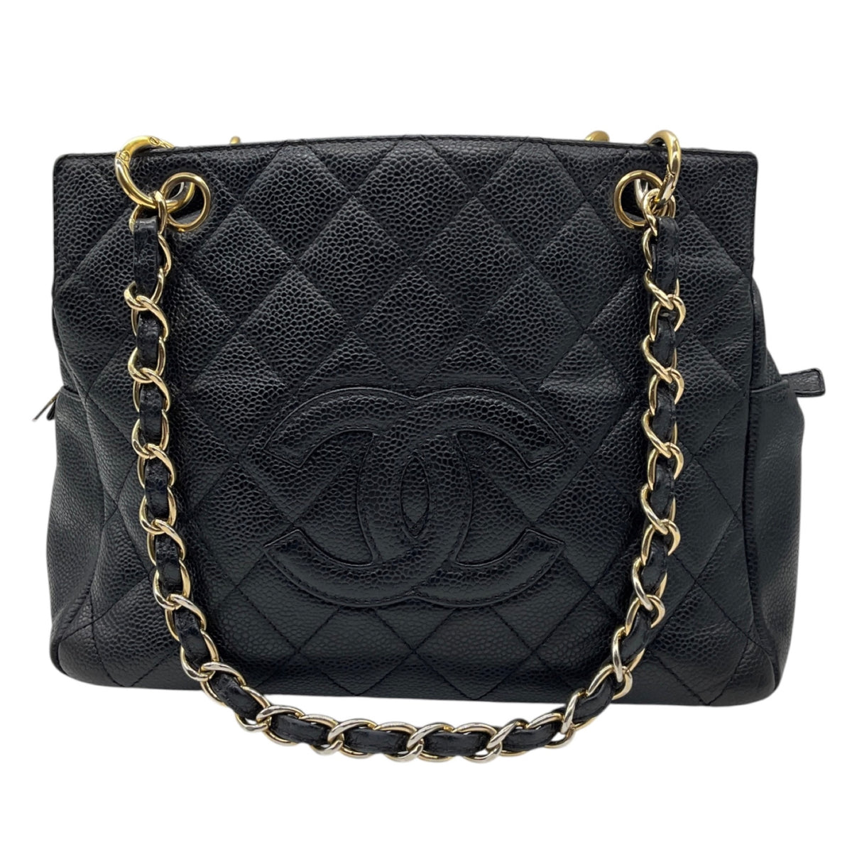 Chanel Vintage Black Quilted Caviar Leather CC Logo Embossed Small Tote Handbag with Gold Hardware