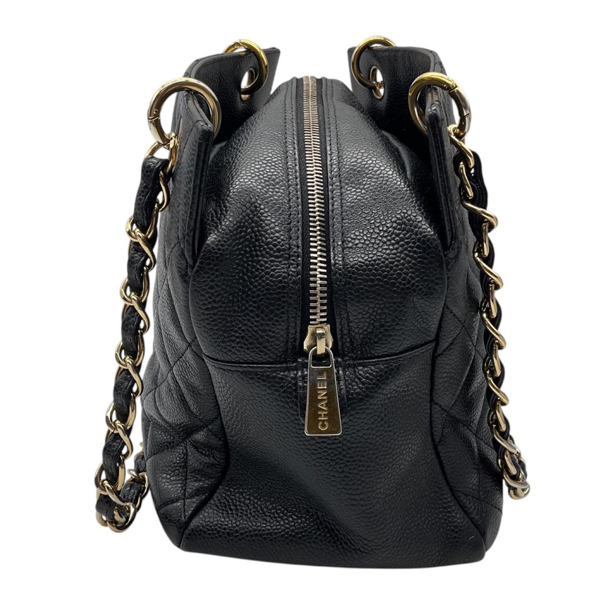 Chanel Vintage Black Quilted Caviar Leather CC Logo Embossed Small Tote Handbag with Gold Hardware