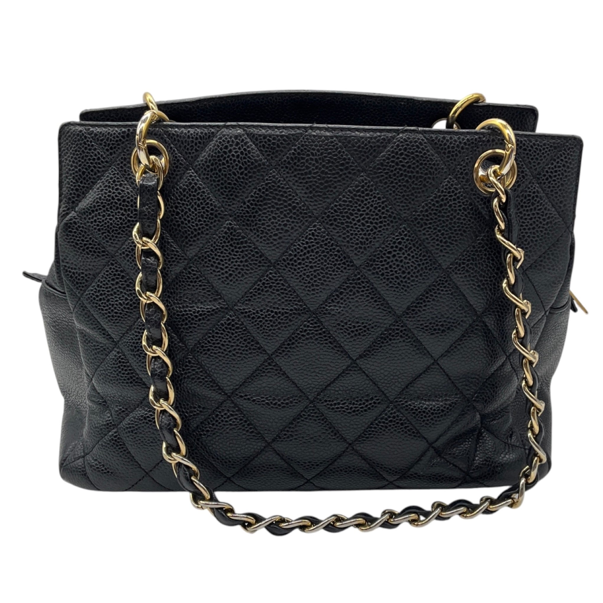 Chanel Vintage Black Quilted Caviar Leather CC Logo Embossed Small Tote Handbag with Gold Hardware
