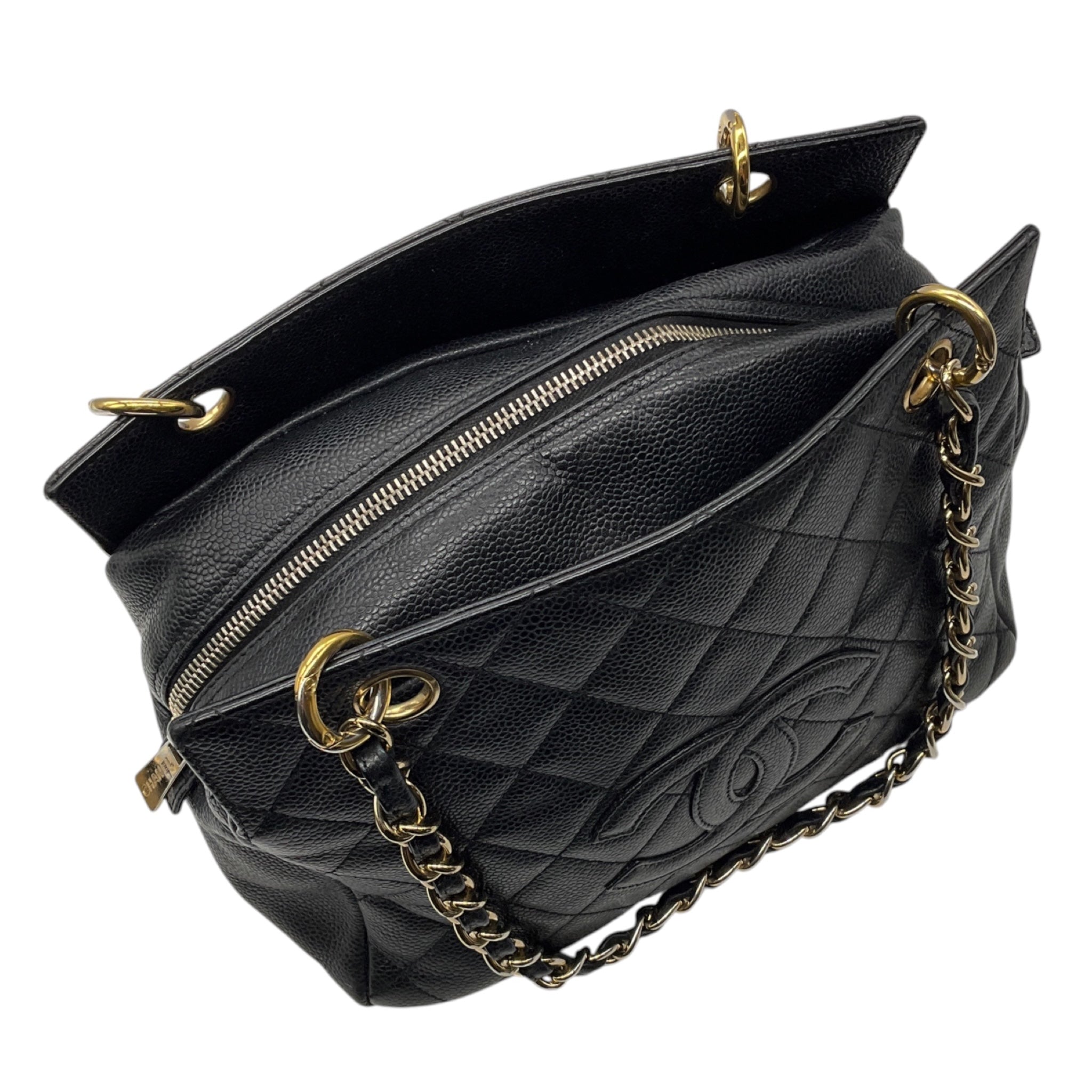 Chanel Vintage Black Quilted Caviar Leather CC Logo Embossed Small Tote Handbag with Gold Hardware