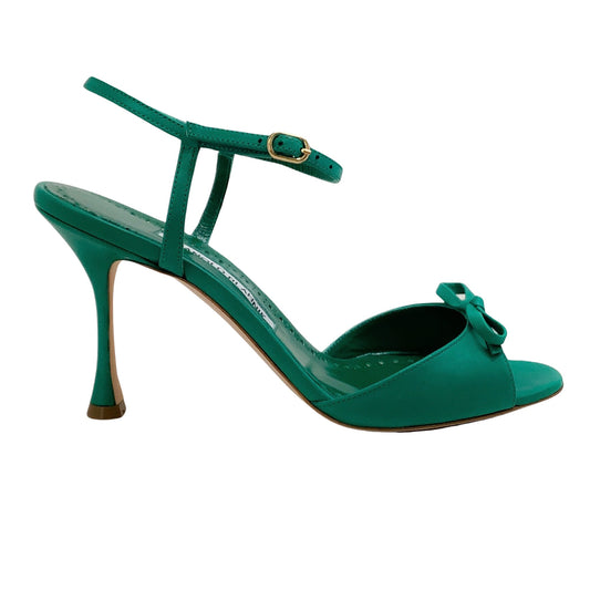 Manolo Blahnik Green Leather Pertinaxa Bow Front Sandals