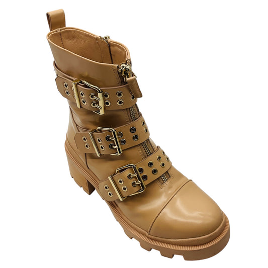 Alice + Olivia Beige Almond / Gold Hali Lug Sole Combat Moto Boots
