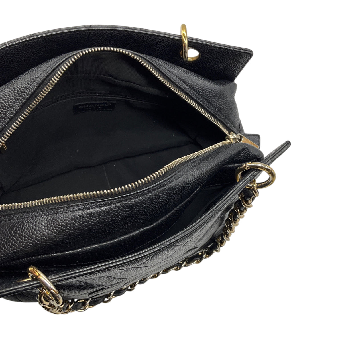 Chanel Vintage Black Quilted Caviar Leather CC Logo Embossed Small Tote Handbag with Gold Hardware