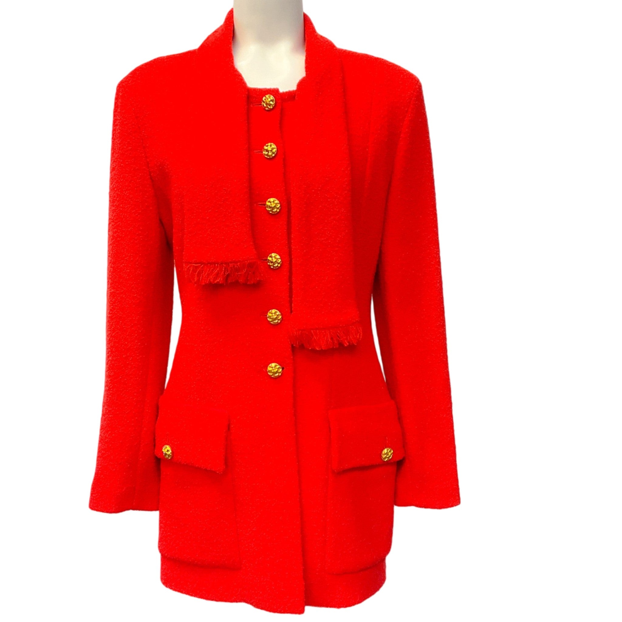 Chanel Vintage 1992 Red Wool Tweed Jacket with Attached Scarf
