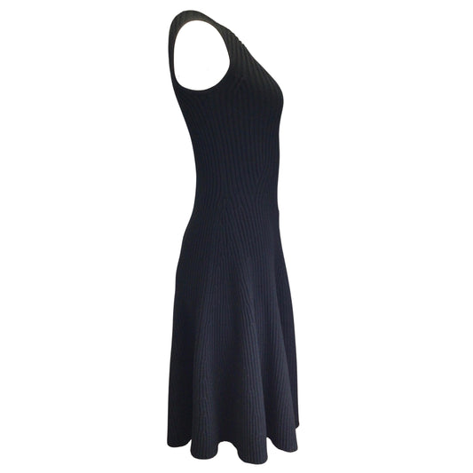 Michael Kors Collection Black Bateau Neck Fitted and Flared Merino Wool Ribbed Knit Dress