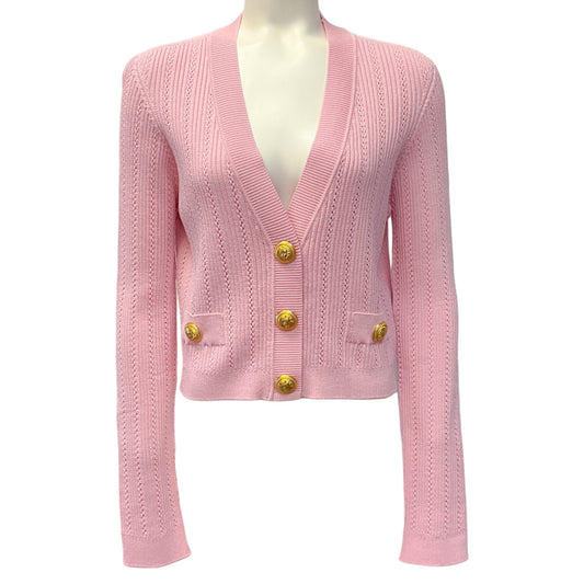Balmain Pink Ribbed Knit V Neck Cardigan with Gold Buttons
