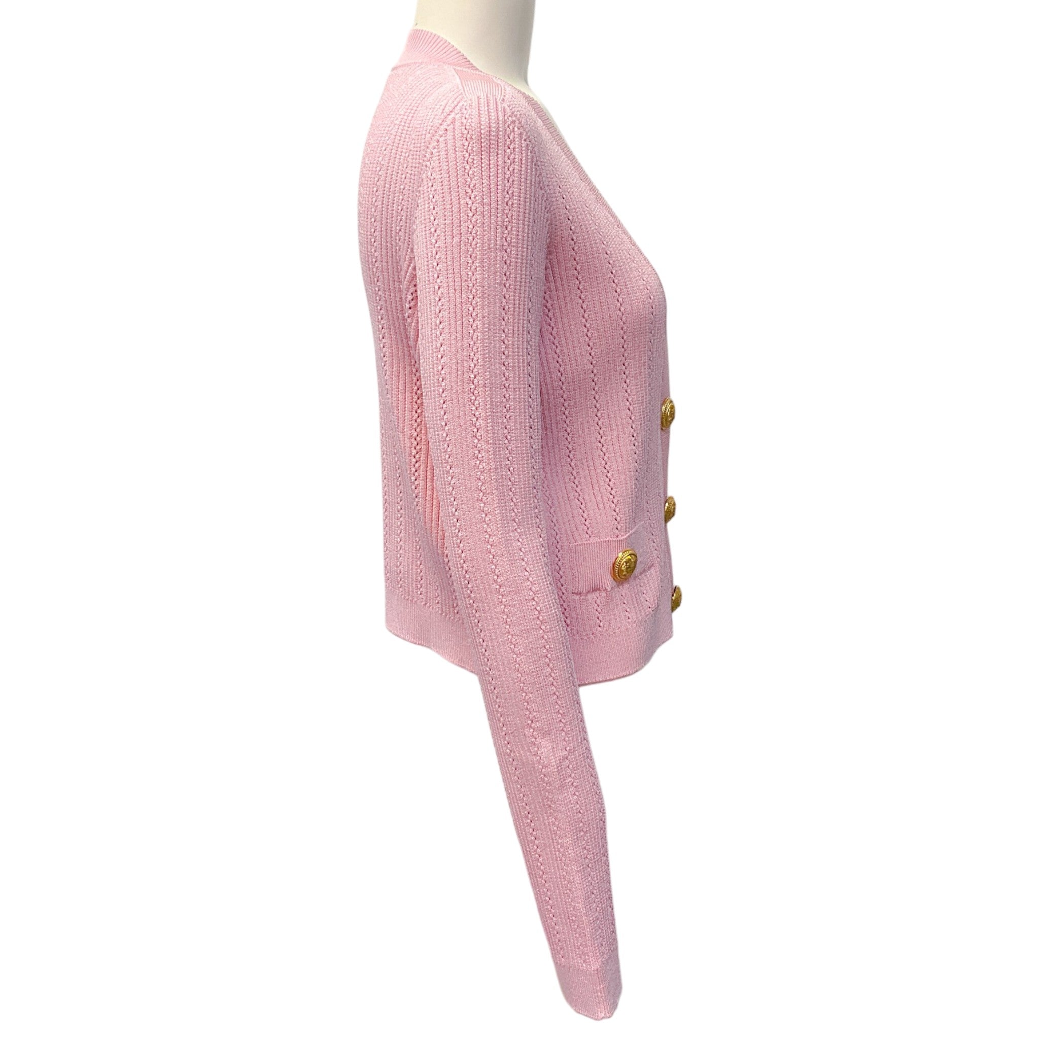 Balmain Pink Ribbed Knit V Neck Cardigan with Gold Buttons