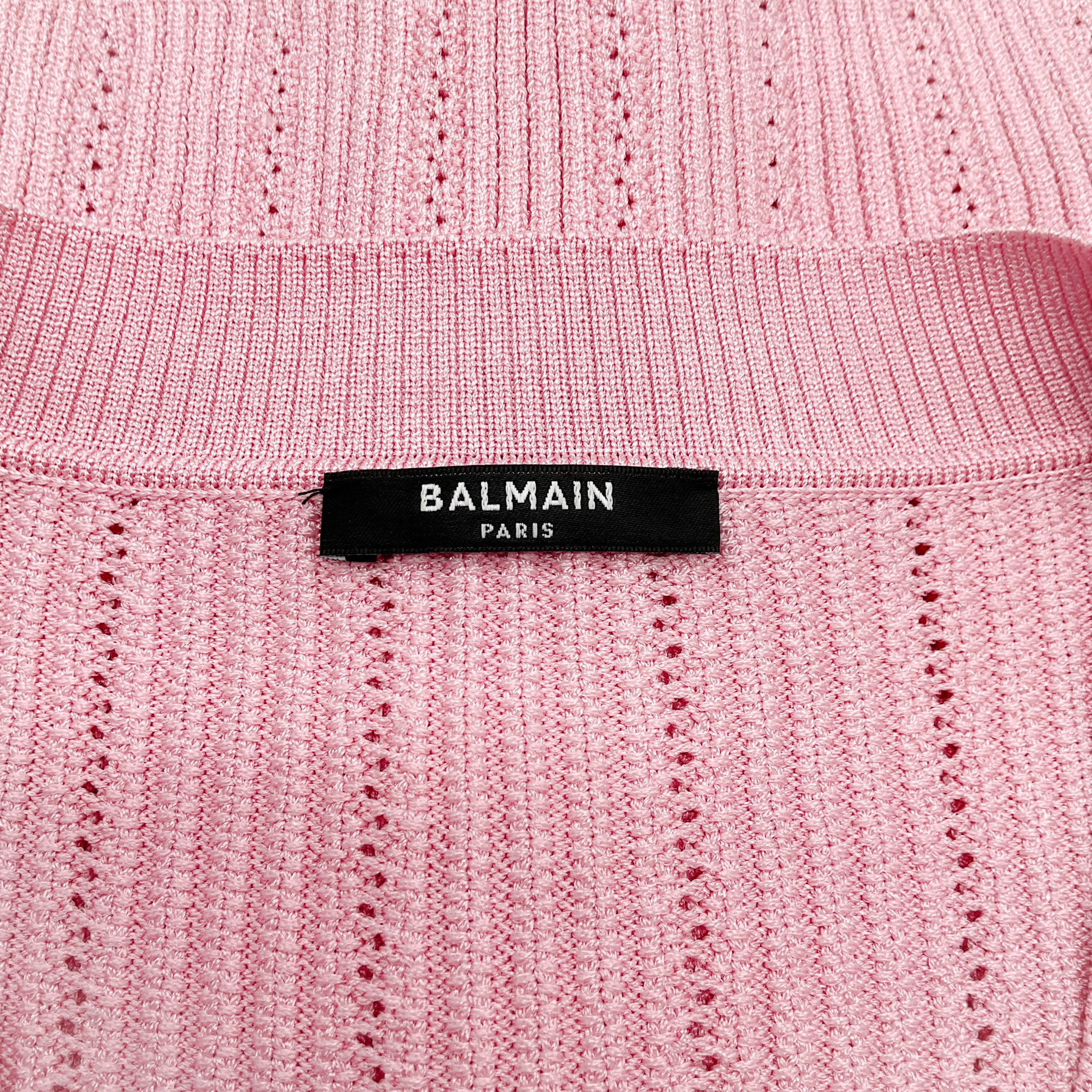 Balmain Pink Ribbed Knit V Neck Cardigan with Gold Buttons