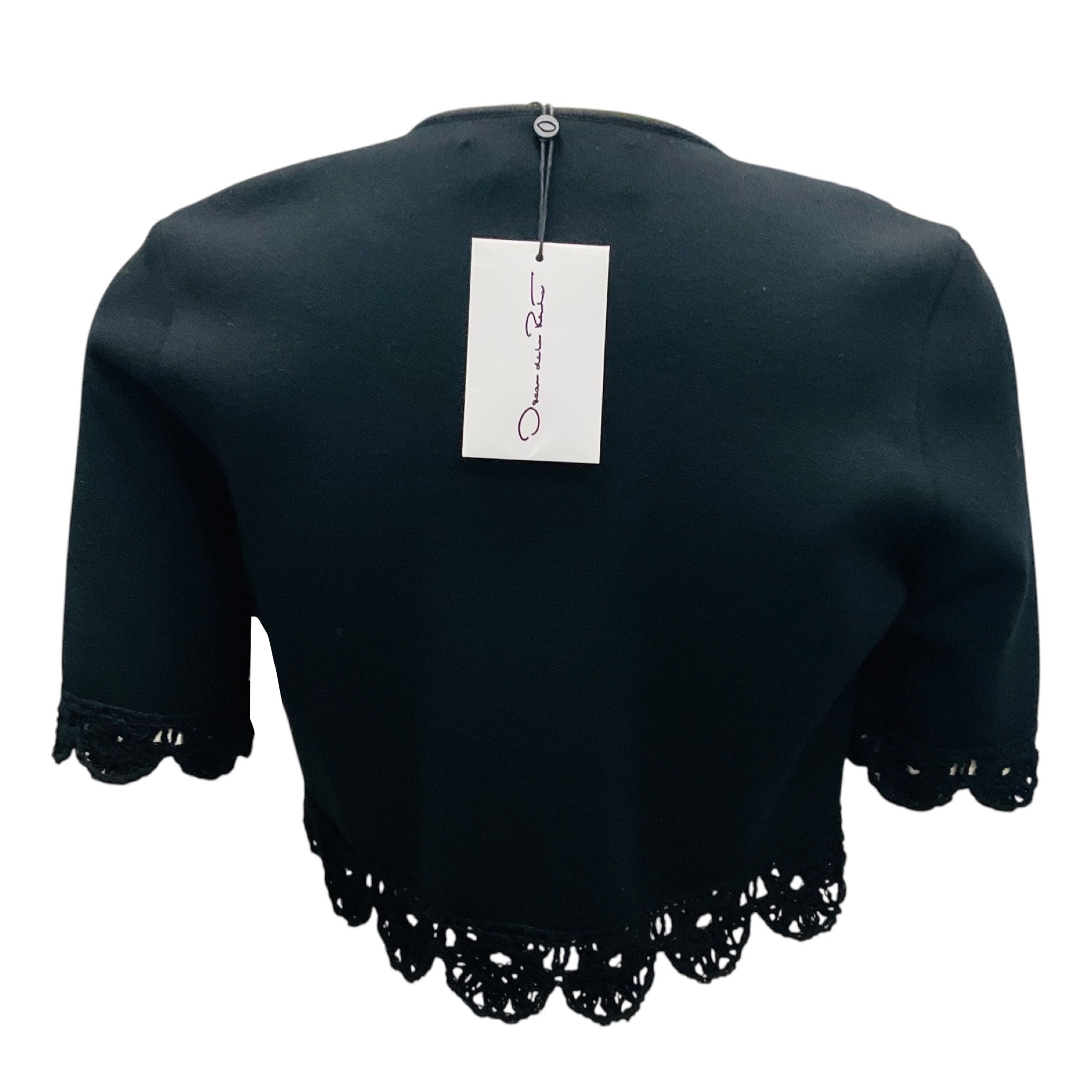 Oscar de la Renta Black Crochet Detail Cropped Knit Cardigan Sweater