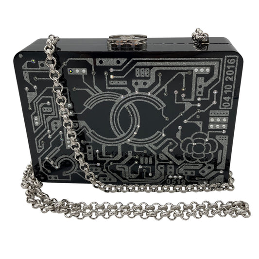 Chanel Black / Silver 2017 CC Logo Embellished Lucite Clutch Bag with Chain Strap