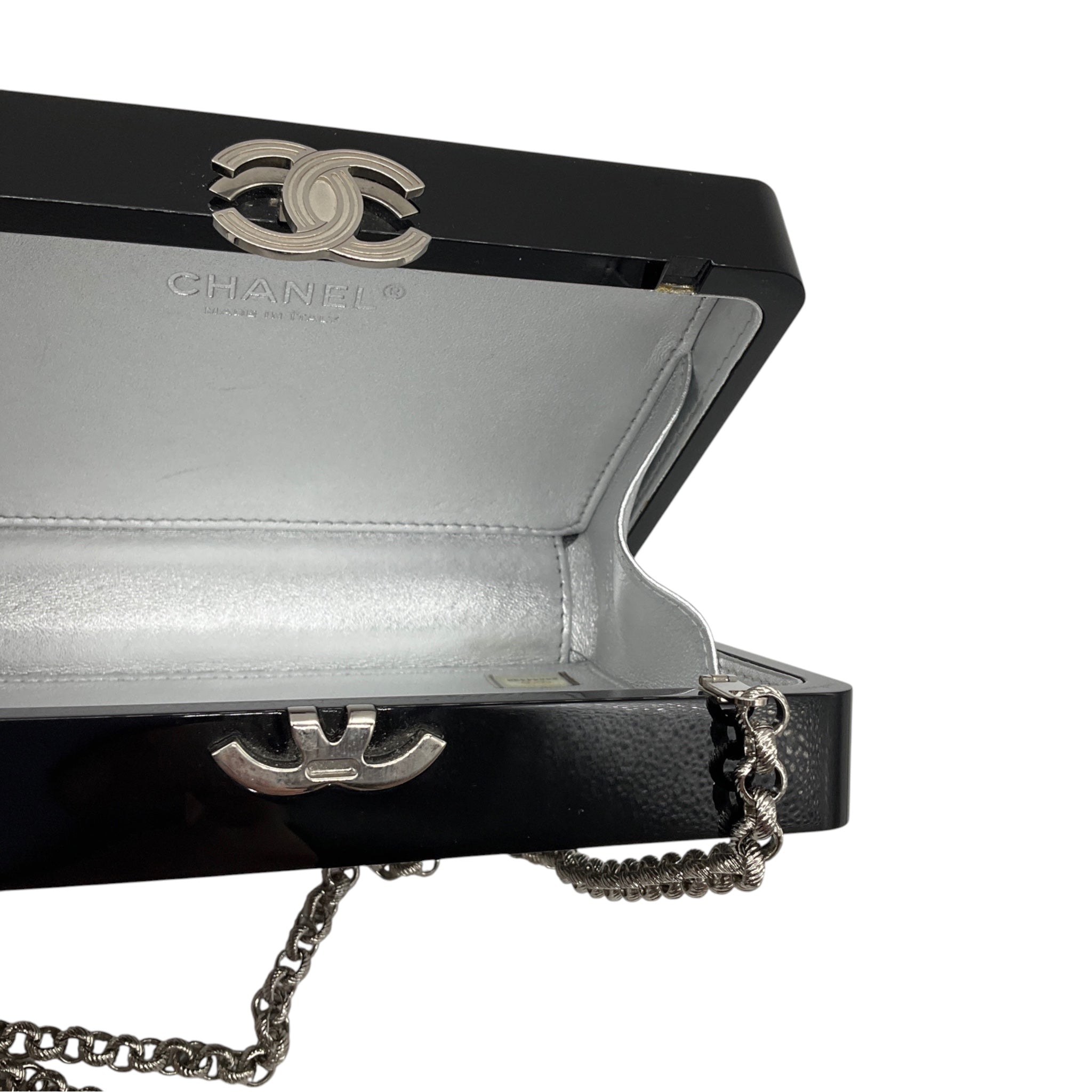 Chanel Black / Silver 2017 CC Logo Embellished Lucite Clutch Bag with Chain Strap