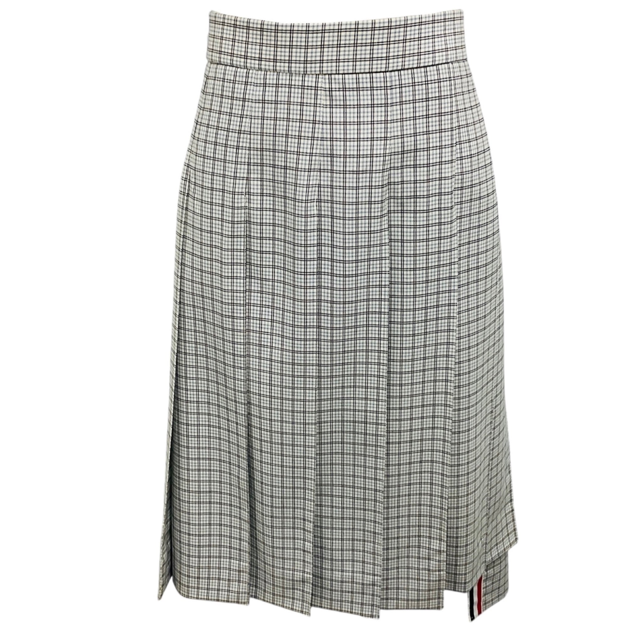 Thom Browne White / Black / Blue Check Wool Midi Classic Pleated Skirt