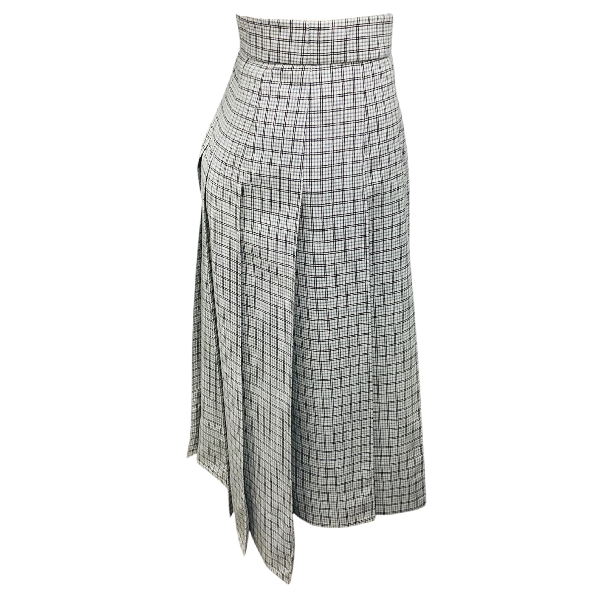Thom Browne White / Black / Blue Check Wool Midi Classic Pleated Skirt