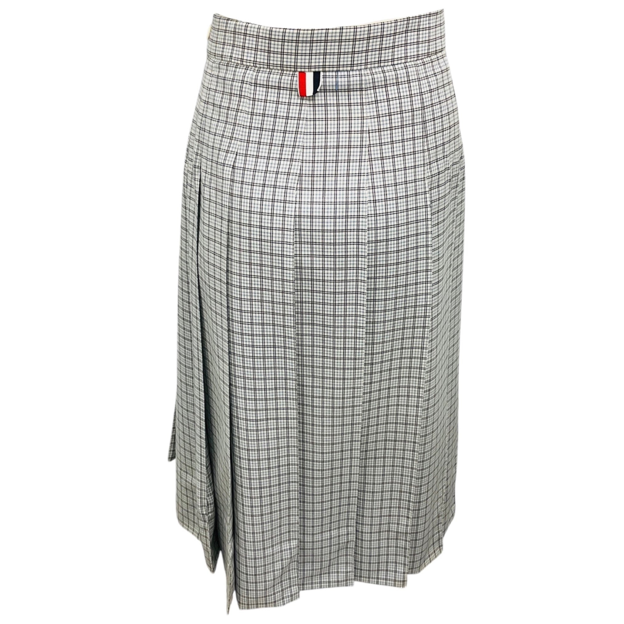 Thom Browne White / Black / Blue Check Wool Midi Classic Pleated Skirt
