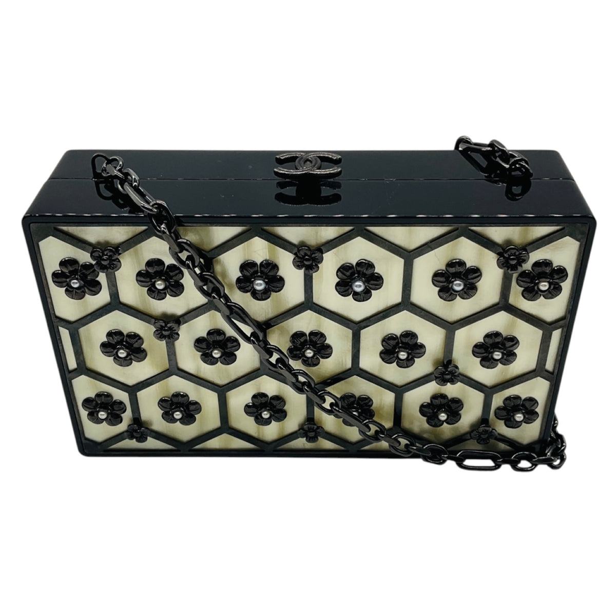 Chanel Black / Cream Camellia and Pearl Embellished Lucite Clutch Bag with Chain Strap