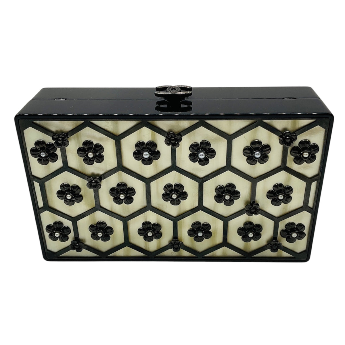 Chanel Black / Cream Camellia and Pearl Embellished Lucite Clutch Bag with Chain Strap