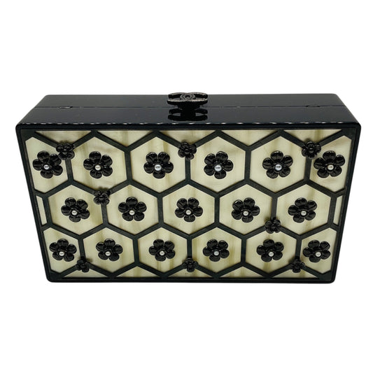 Chanel Black / Cream Camellia and Pearl Embellished Lucite Clutch Bag with Chain Strap