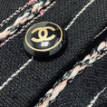 Load image into Gallery viewer, Chanel Black / White / Pink 2023 Pinstriped Wool and Linen Jacket with CC Logo Buttons
