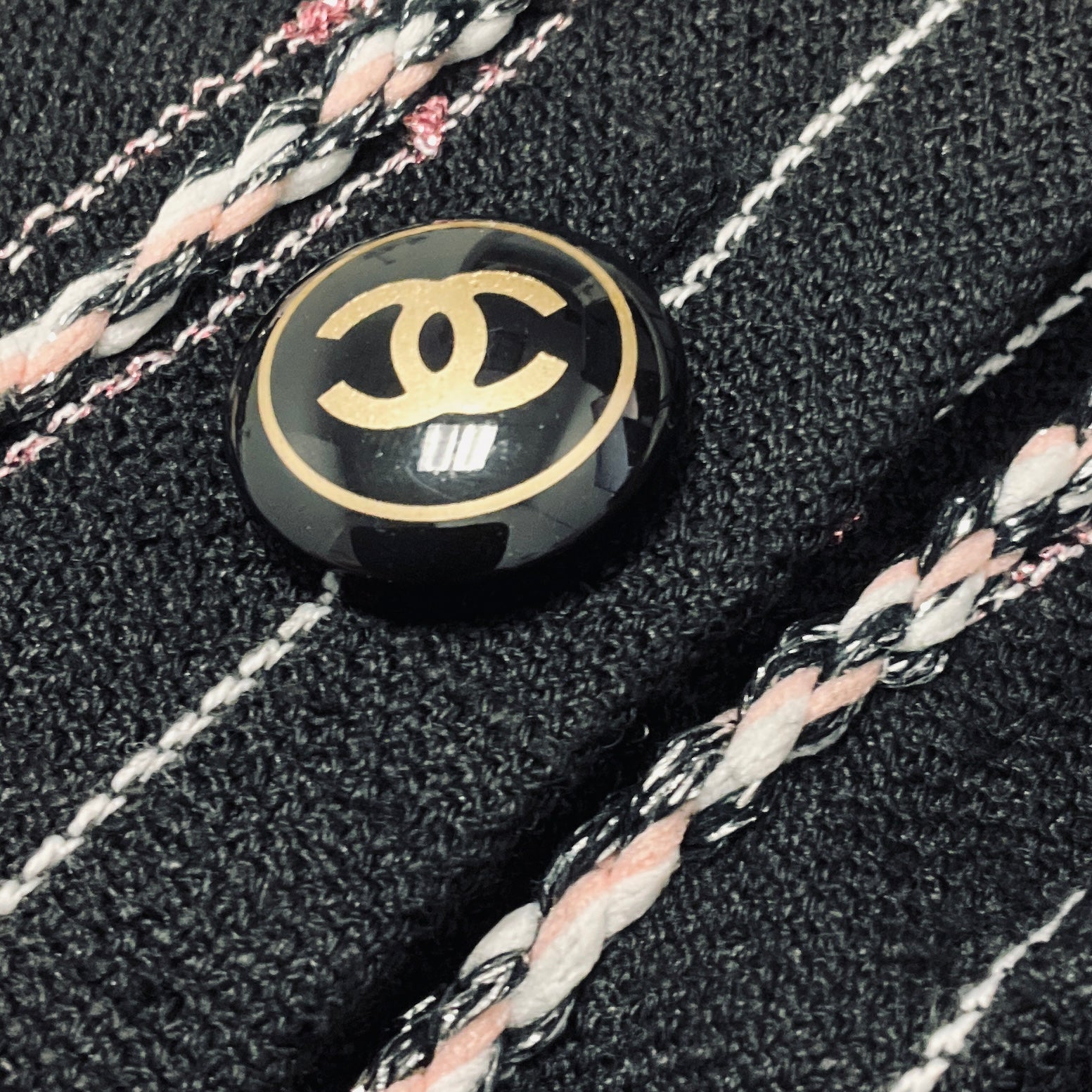 Chanel Black / White / Pink 2023 Pinstriped Wool and Linen Jacket with CC Logo Buttons