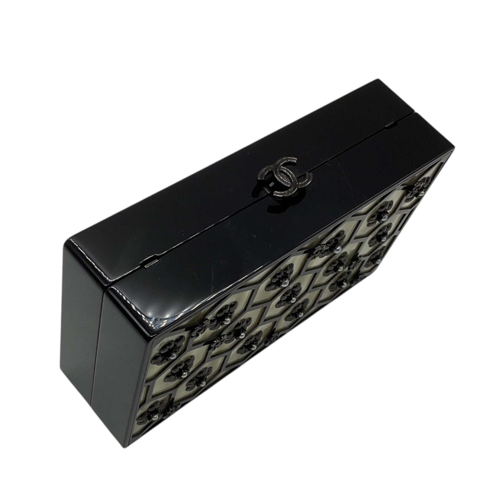 Chanel Black / Cream Camellia and Pearl Embellished Lucite Clutch Bag with Chain Strap