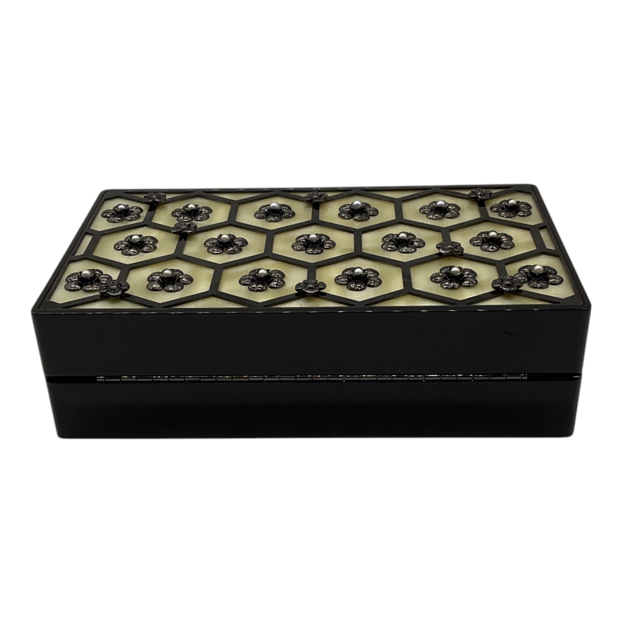 Chanel Black / Cream Camellia and Pearl Embellished Lucite Clutch Bag with Chain Strap