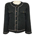 Load image into Gallery viewer, Chanel Black / White / Pink 2023 Pinstriped Wool and Linen Jacket with CC Logo Buttons
