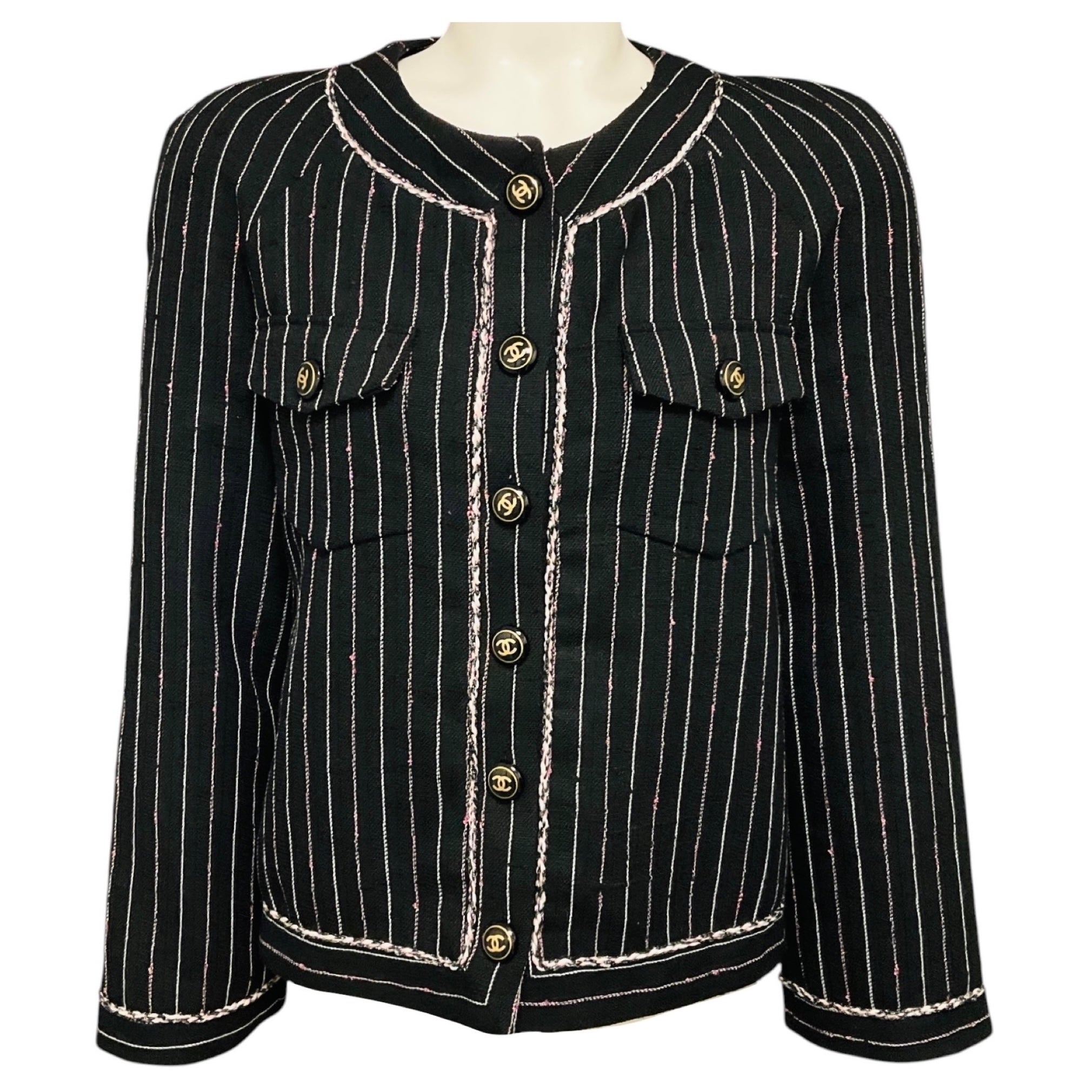 Chanel Black / White / Pink 2023 Pinstriped Wool and Linen Jacket with CC Logo Buttons