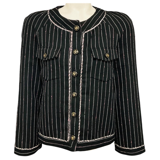 Chanel Black / White / Pink 2023 Pinstriped Wool and Linen Jacket with CC Logo Buttons