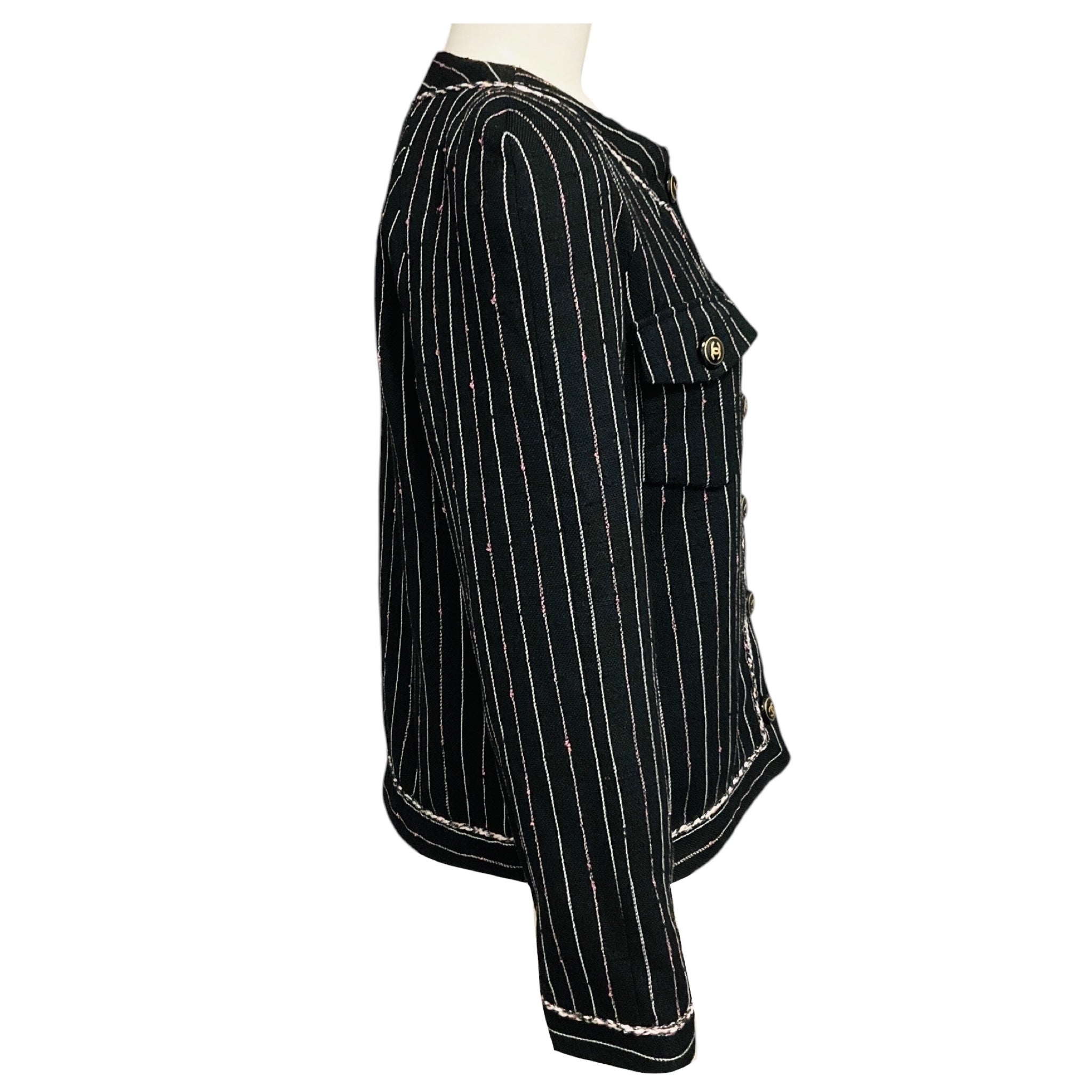 Chanel Black / White / Pink 2023 Pinstriped Wool and Linen Jacket with CC Logo Buttons