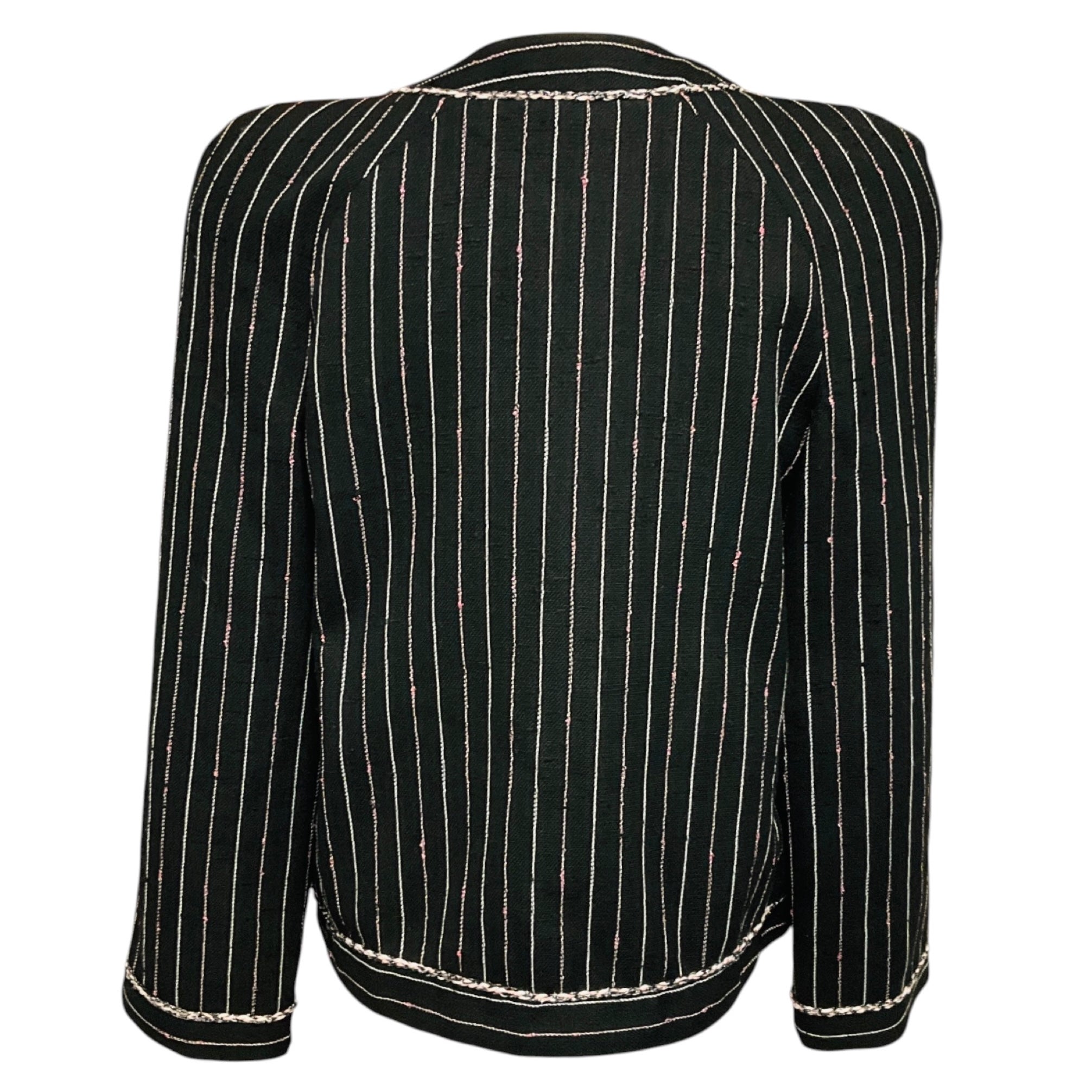 Chanel Black / White / Pink 2023 Pinstriped Wool and Linen Jacket with CC Logo Buttons