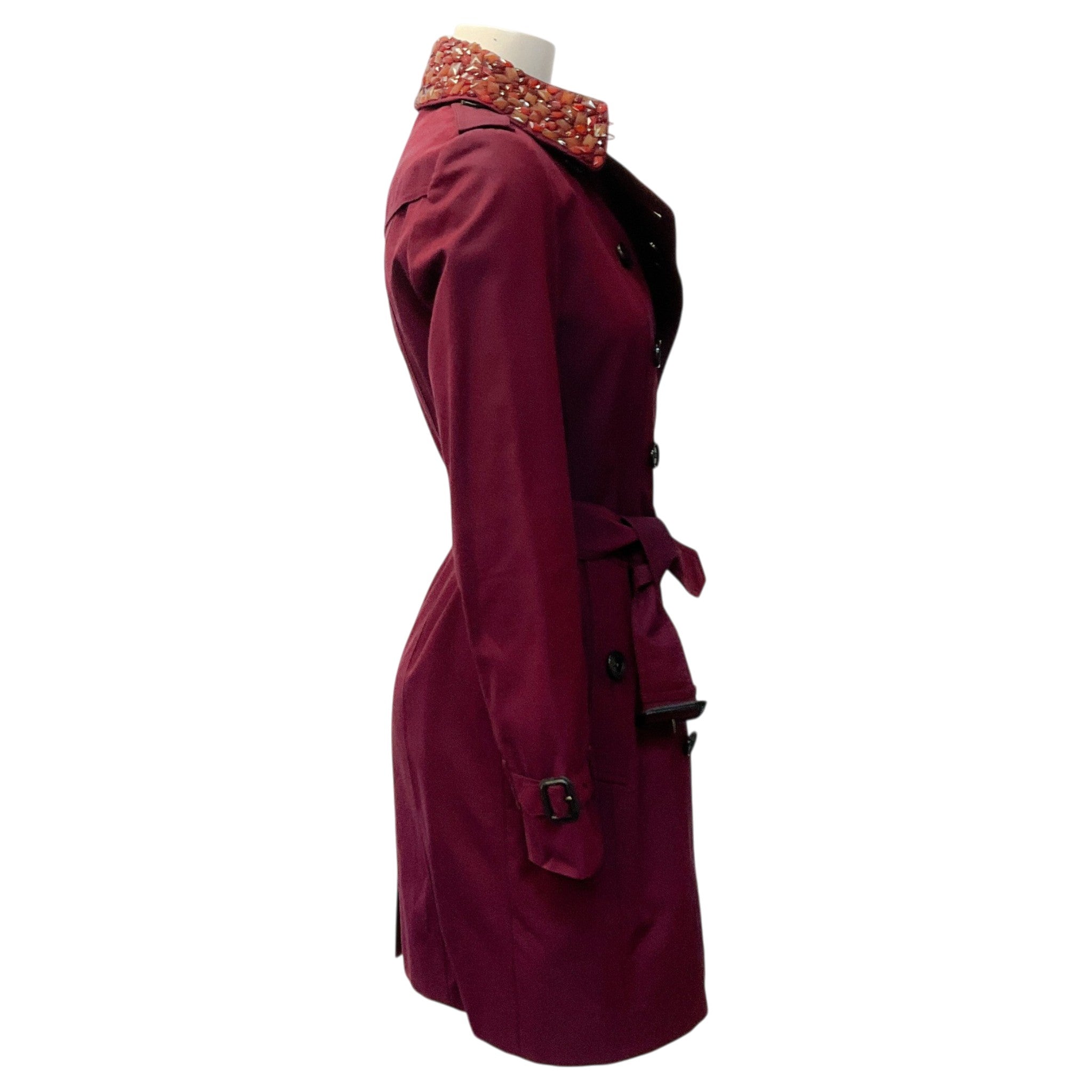 Burberry Burgundy Double Breasted Cotton Trench Coat with Removable Crystal Embellished Collar