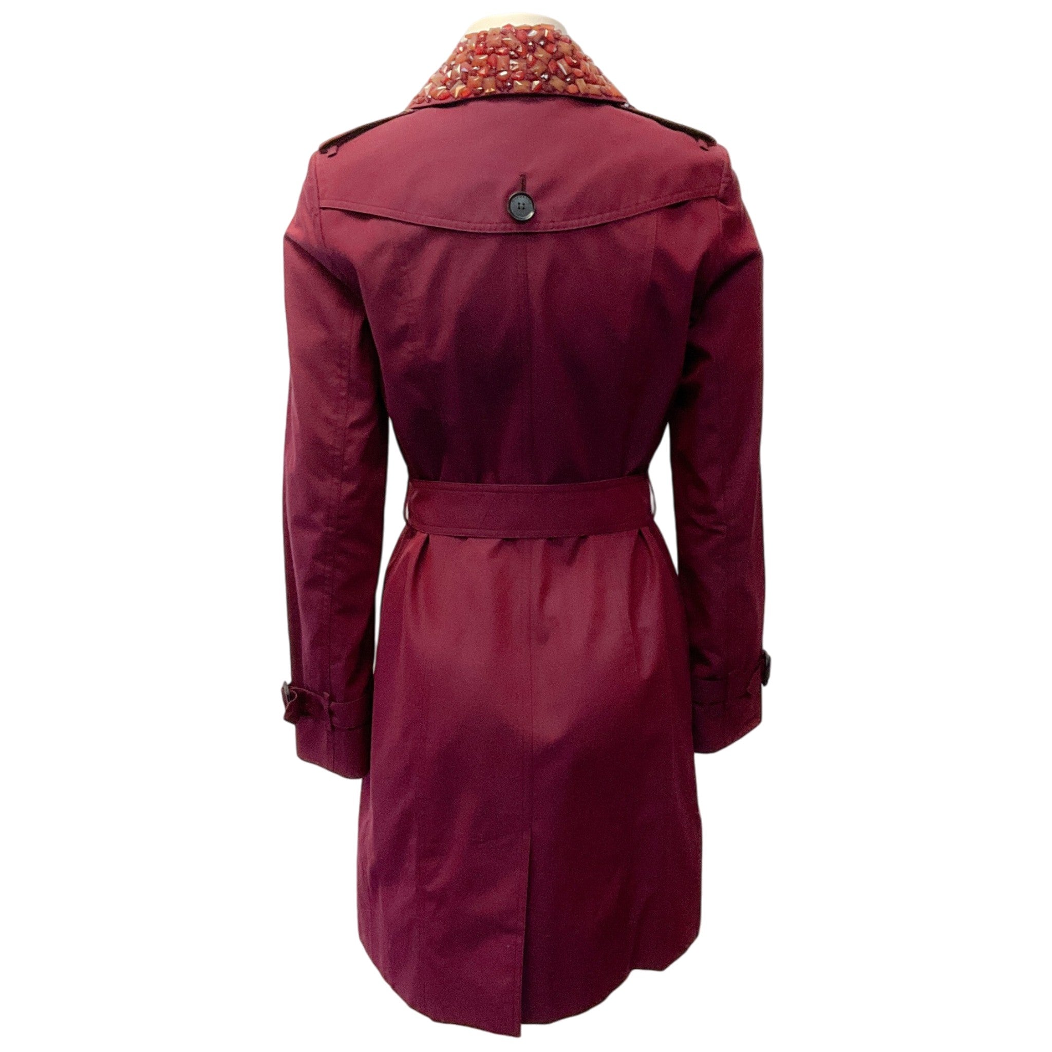 Burberry Burgundy Double Breasted Cotton Trench Coat with Removable Crystal Embellished Collar