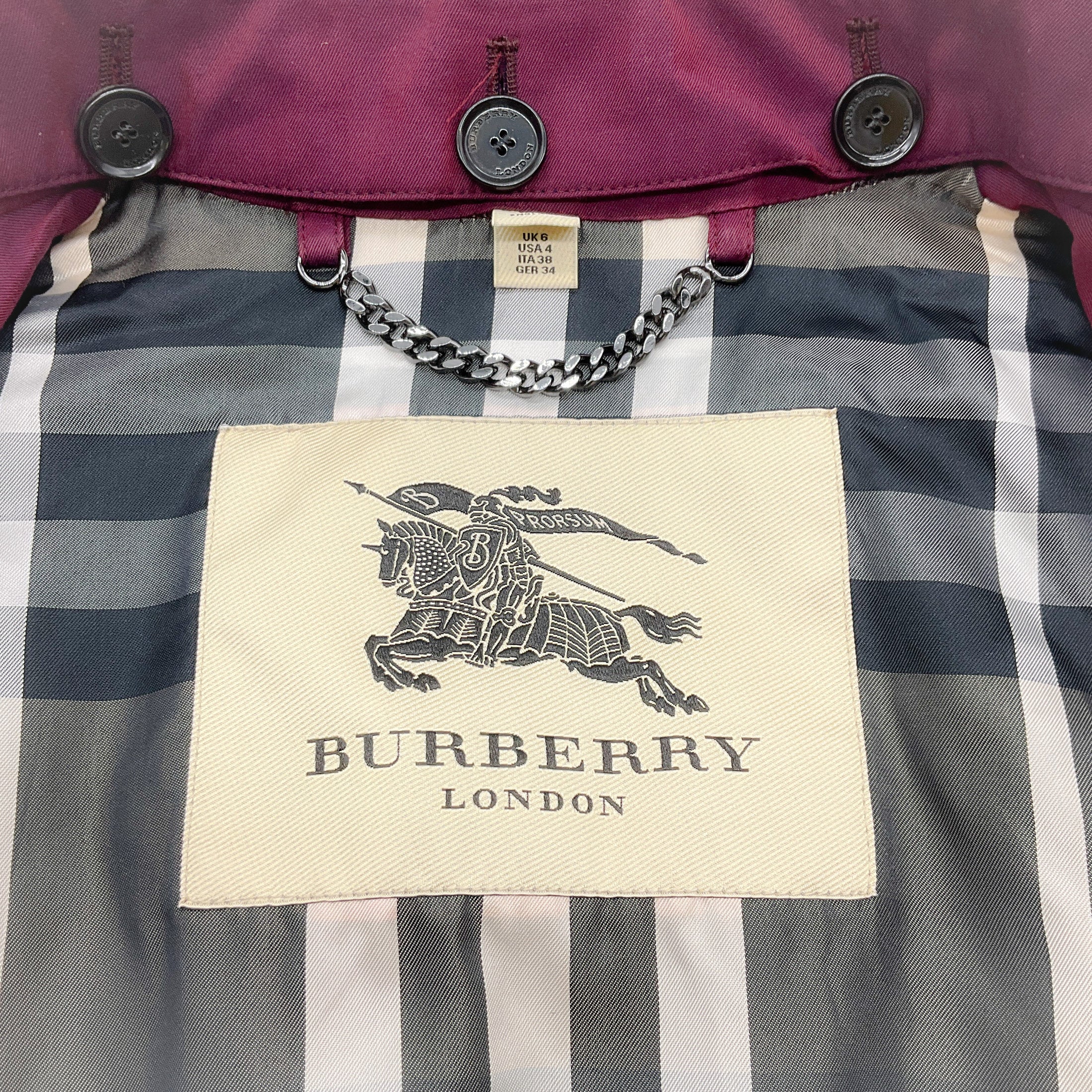 Burberry Burgundy Double Breasted Cotton Trench Coat with Removable Crystal Embellished Collar