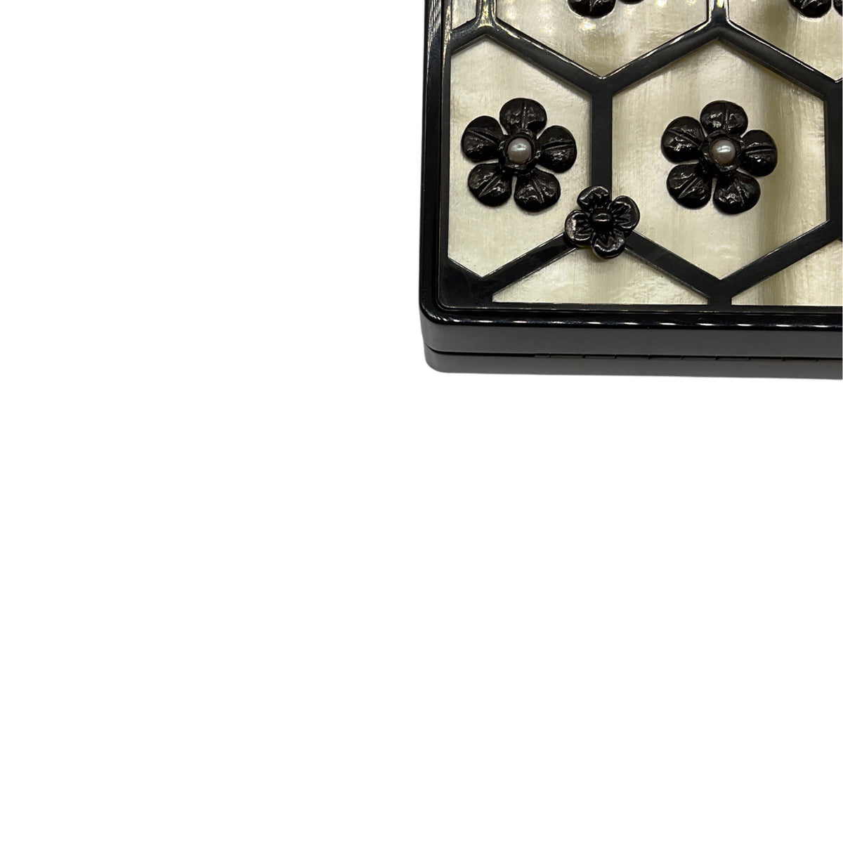 Chanel Black / Cream Camellia and Pearl Embellished Lucite Clutch Bag with Chain Strap