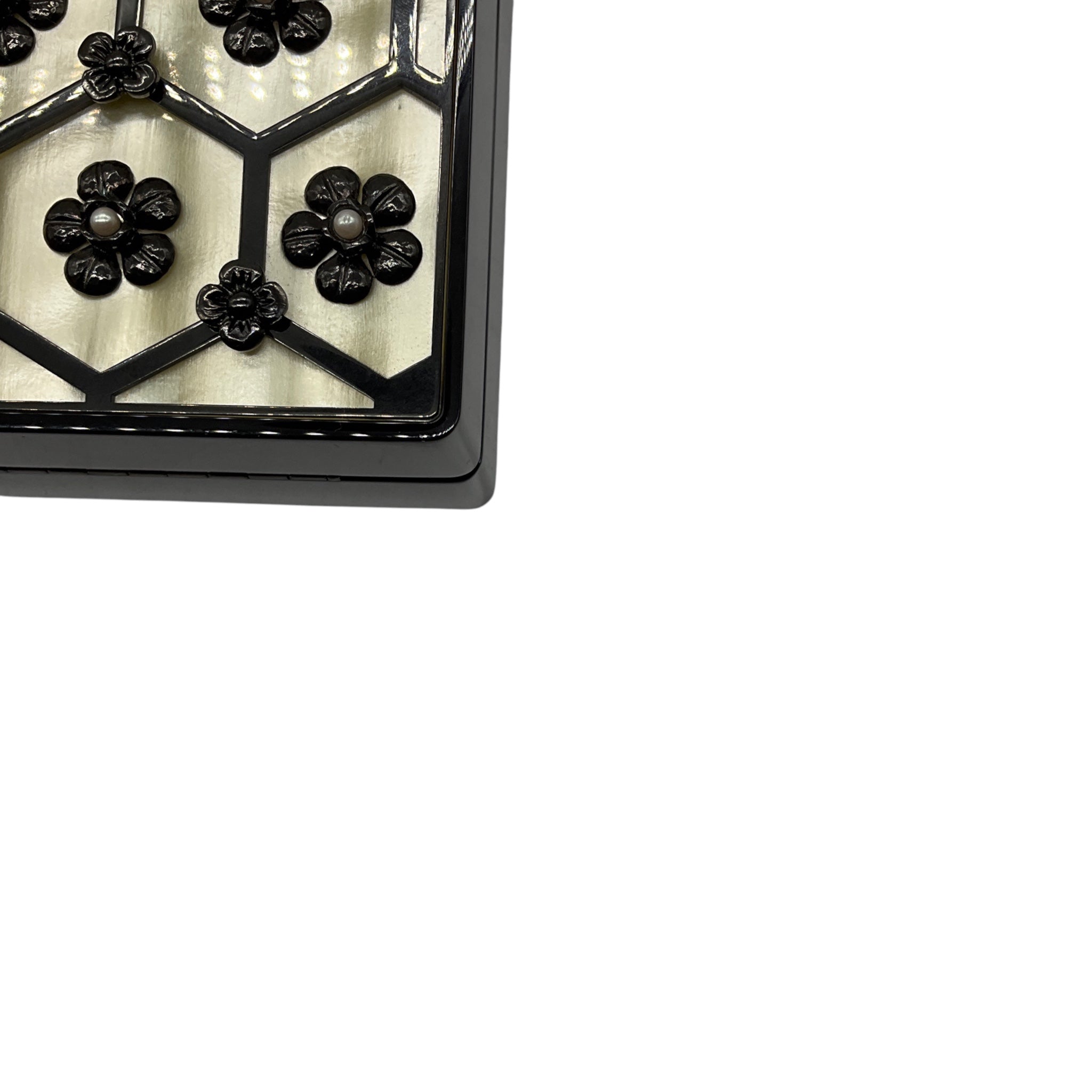 Chanel Black / Cream Camellia and Pearl Embellished Lucite Clutch Bag with Chain Strap