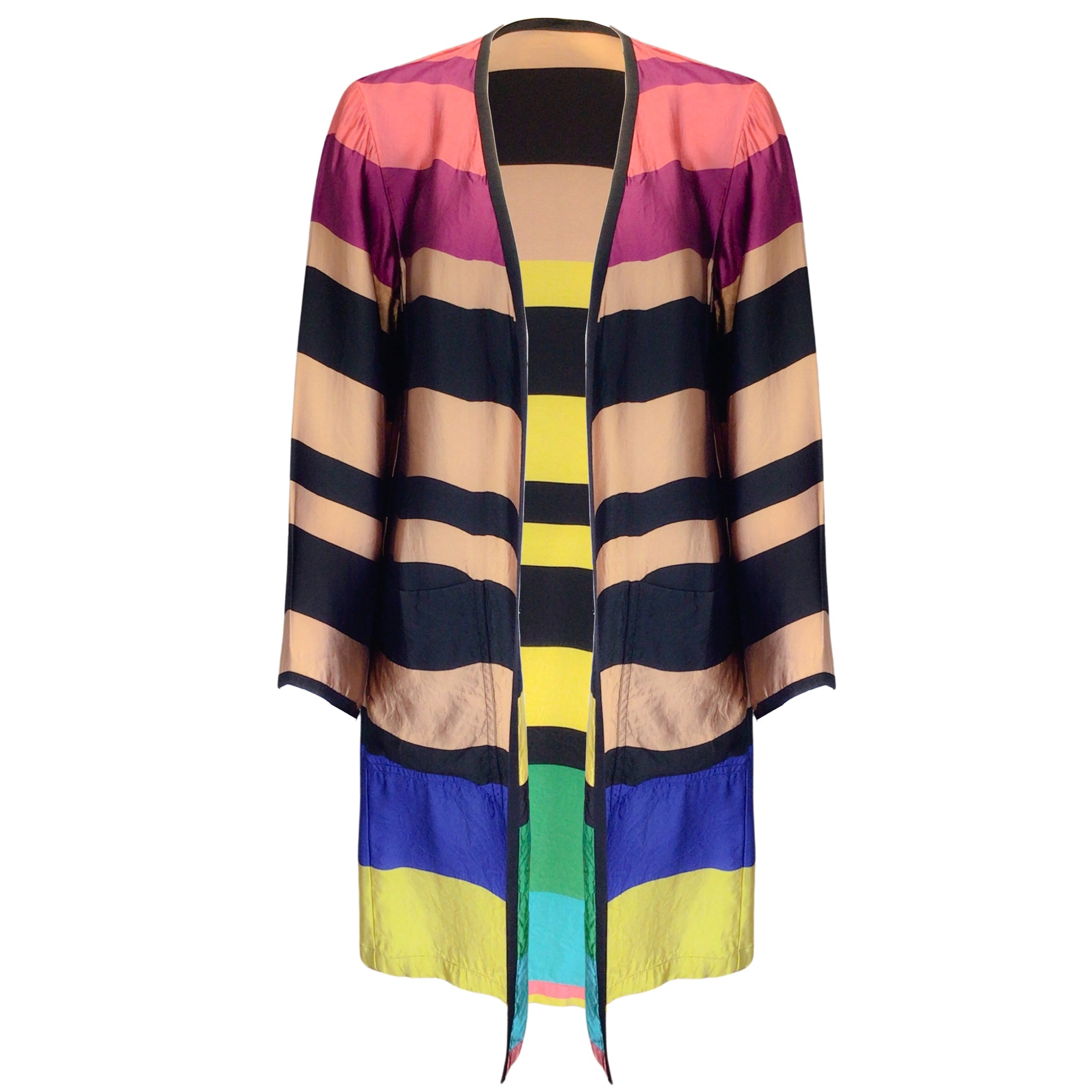 Dries van Noten Multicolored Striped Open Front Long Silk Jacket