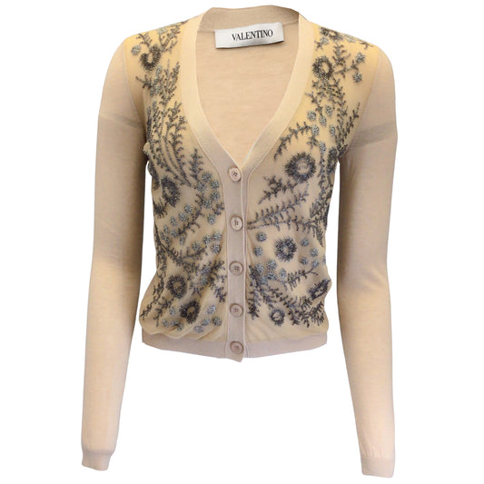 Valentino Tan Bead Embellished Mesh Tulle Detail Cashmere and Silk Knit Button-down Cardigan Sweater