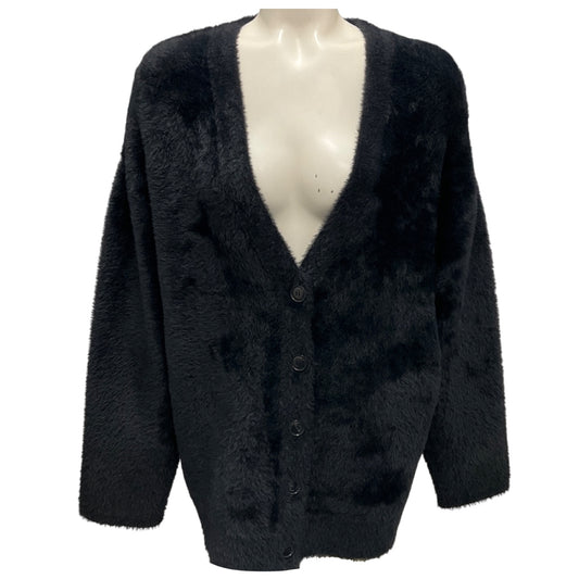 forte_forte Black Velvet Faux Fur Knit Cardigan Sweater 