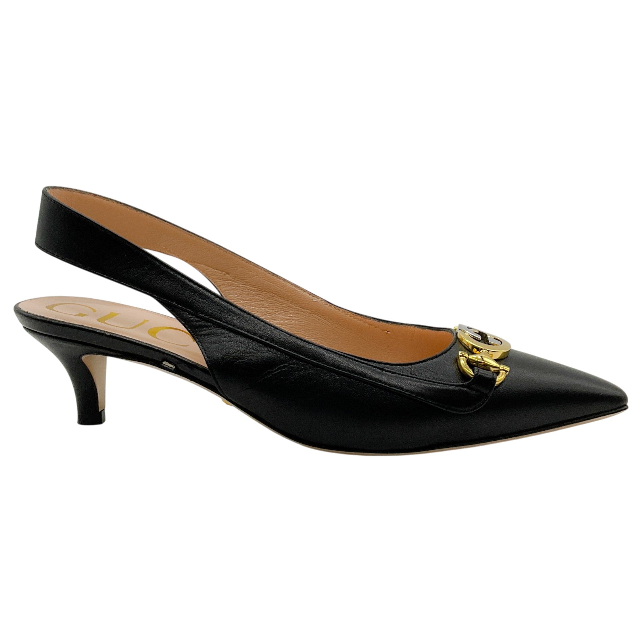 Gucci Black Leather Zumi Slingback Kitten Heel Pumps