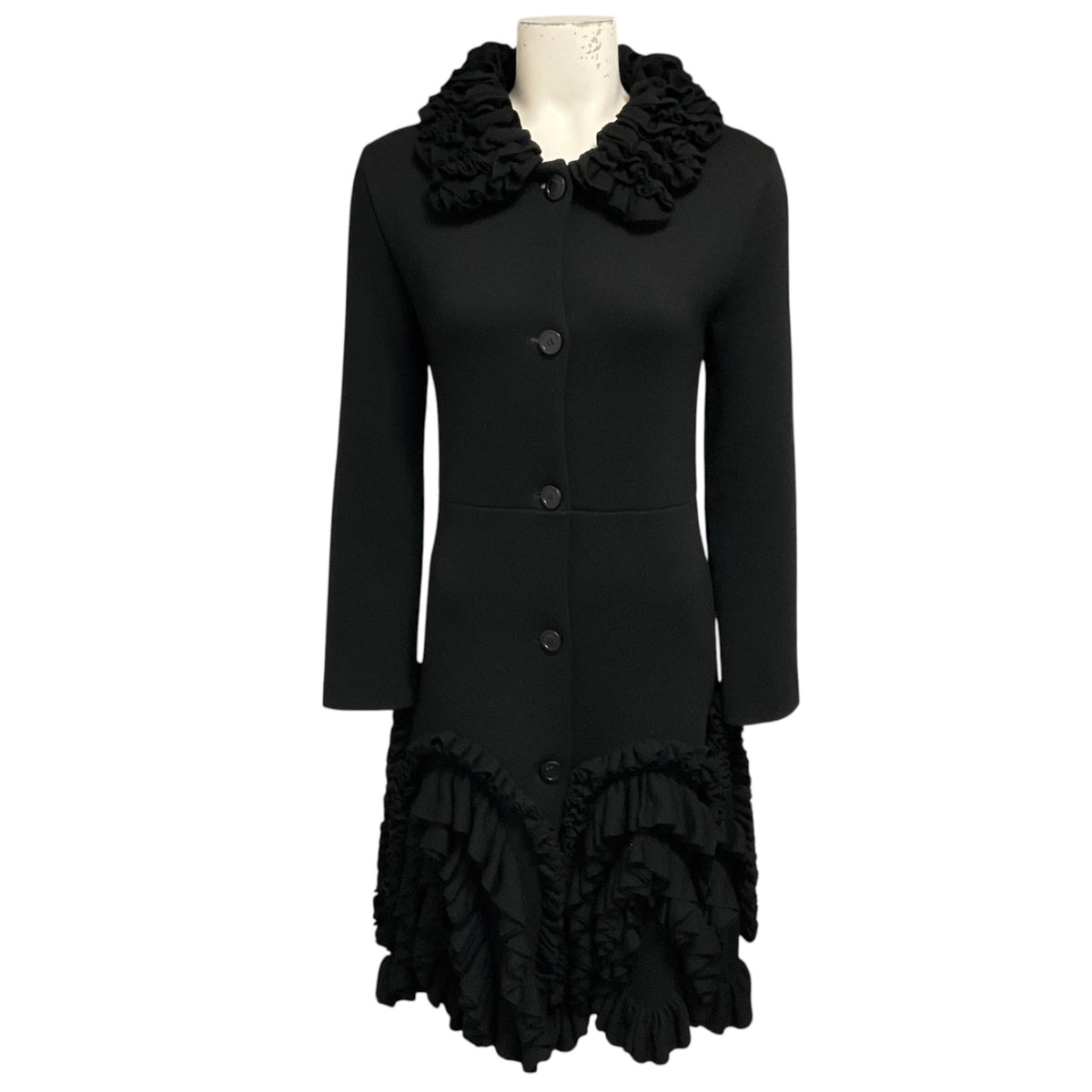 Christian Dior Black Ruffled Button Front Mid Length Wool Coat