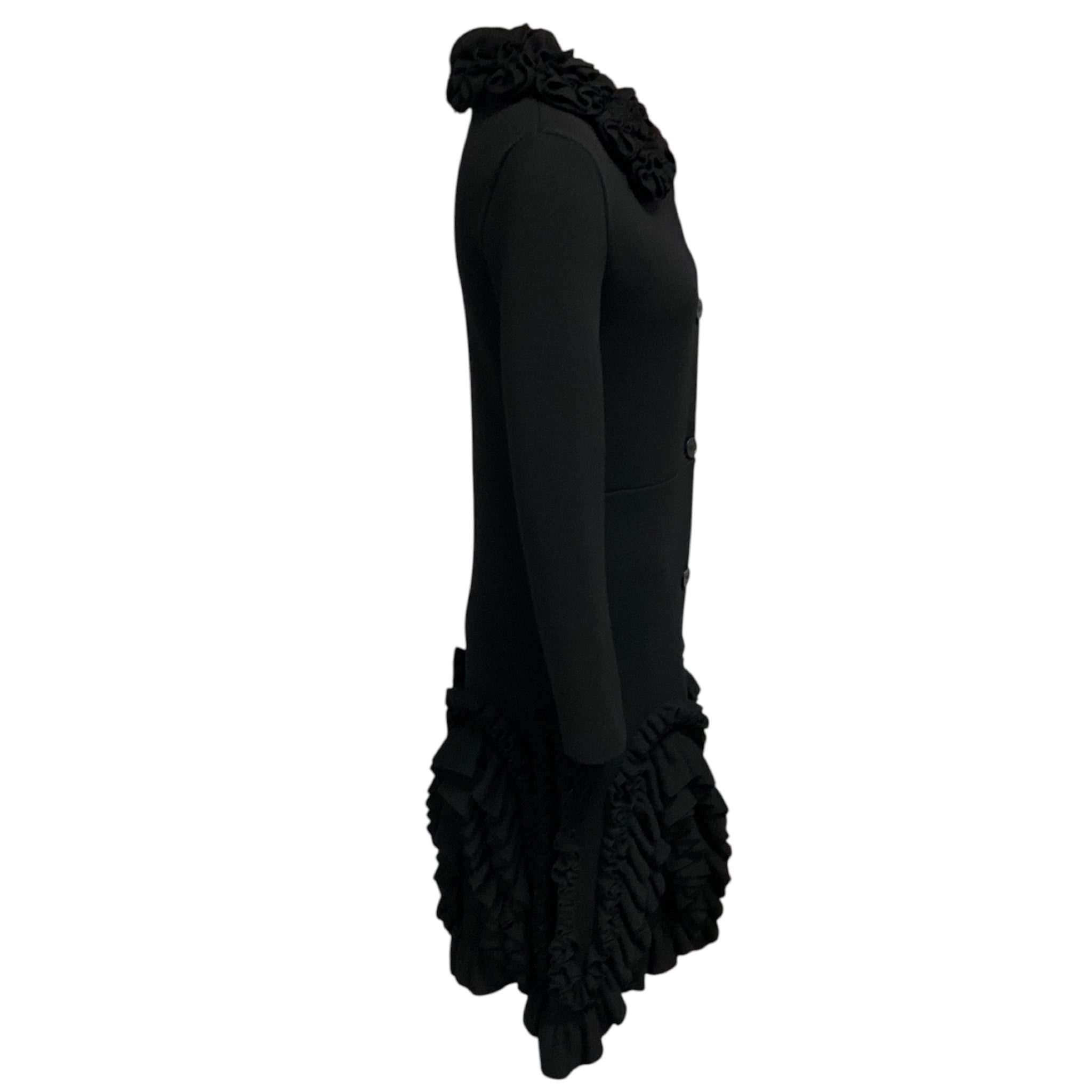 Christian Dior Black Ruffled Button Front Mid Length Wool Coat