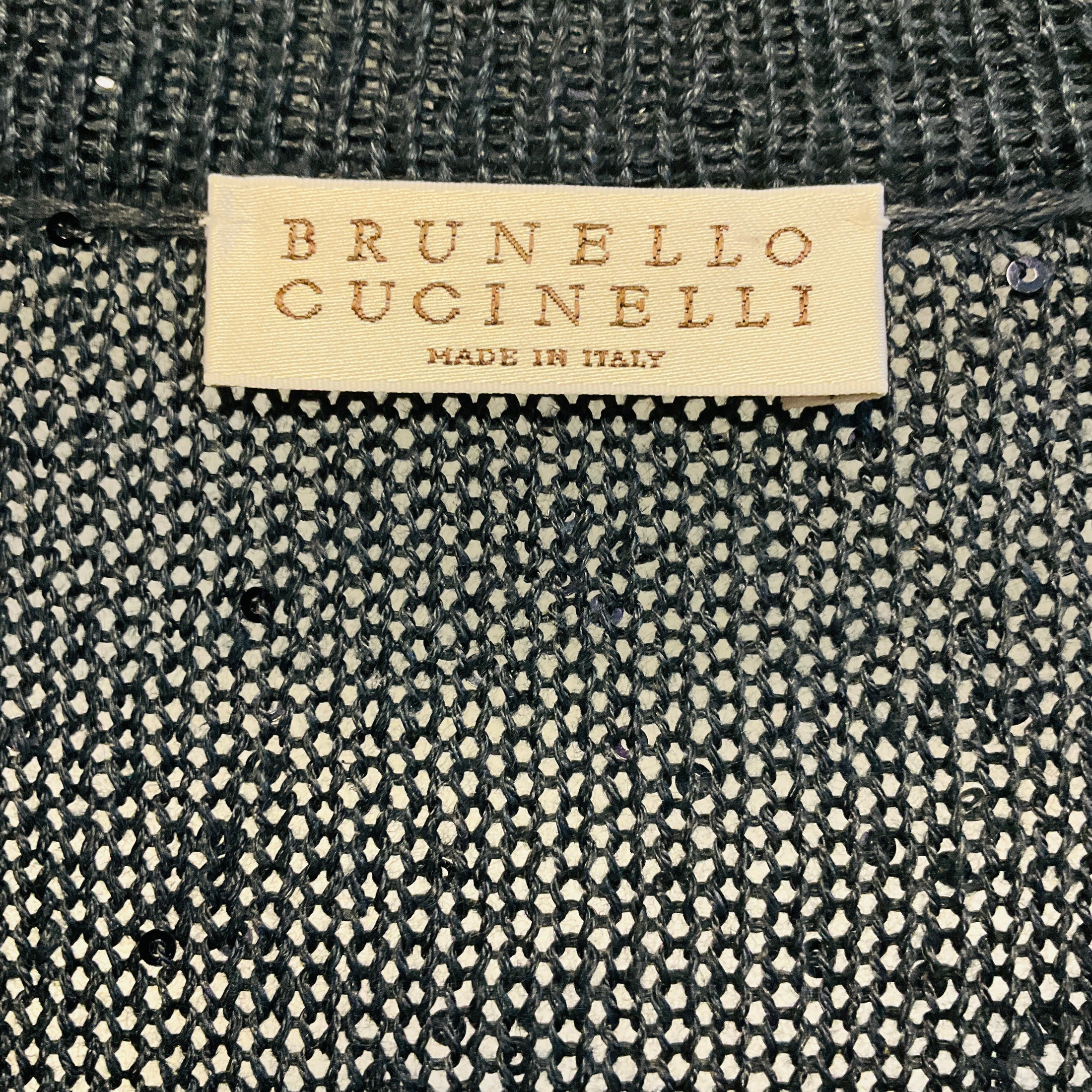 Brunello Cucinelli Navy Blue Sequined Linen and Silk Knit Long Sleeved V-Neck Sweater with Monili