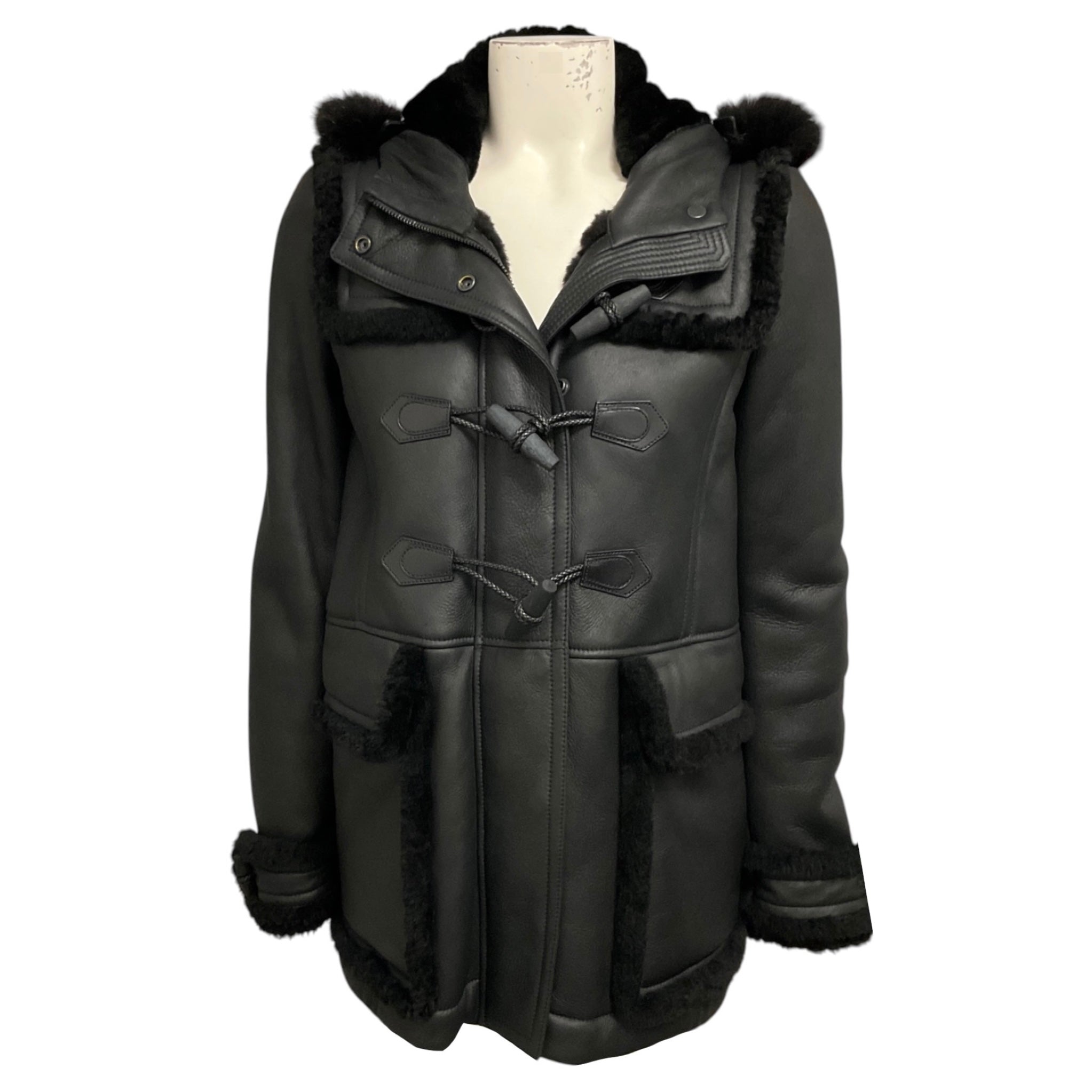 Burberry Brit Black Shearling Lined Leather Jacket with Fur Trimmed Hood