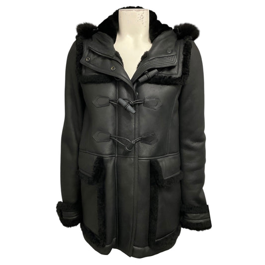 Burberry Brit Black Shearling Lined Leather Jacket with Fur Trimmed Hood